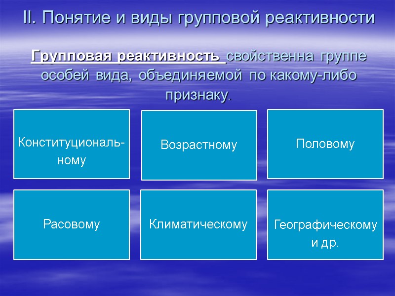 II. Понятие и виды групповой реактивности   Групповая реактивность свойственна группе особей вида,